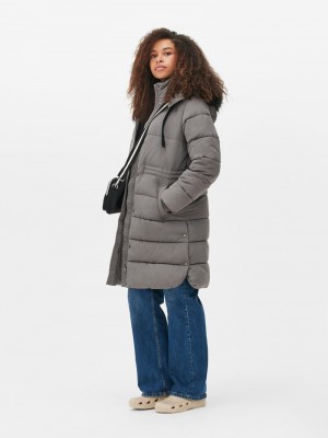 Abrigos Primark Faux Fur Encapuchado Acolchado Jacket Mujer Gris | 3862SDUOJ