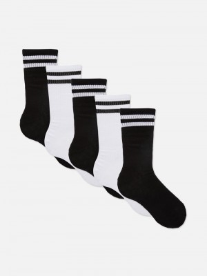 Calcetines Primark 5Pack A Rayas Acanalado Crew Mujer Blancas Negras | 1285GVDKC