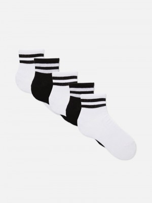 Calcetines Primark 5Pack A Rayas Sports Quarter Crew Mujer Blancas Negras | 0981YPTBI