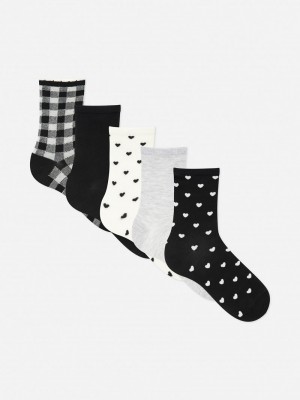 Calcetines Primark 5Pack Pattern Crew Mujer Negras Blancas | 8296WLTVZ