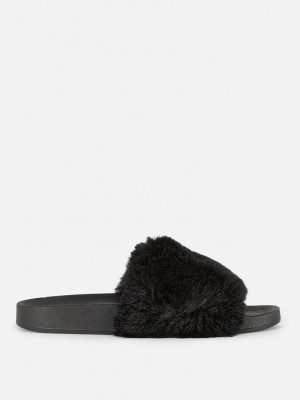 Chanclas Primark Faux Fur Mujer Negras | 0879NTPHK