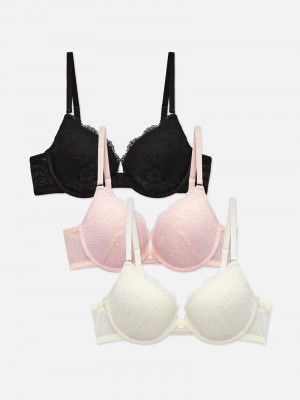 Lencería Primark 3Pack Encaje PushUp Acolchado Plunge Bras Mujer Negras | 6075NAXUD