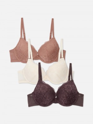 Lencería Primark 3Pack Encaje Push Up Bra Mujer Gris Marrones | 3198BUGVH