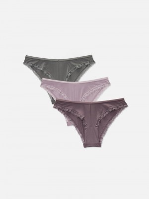 Lencería Primark 3Pack Shiny Encaje Trim Brazilian Briefs Mujer Gris | 1864KAUYS