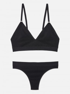 Lencería Primark Seamfree Triangle Bralette & Tanga Set Mujer Negras | 4769BKIOA