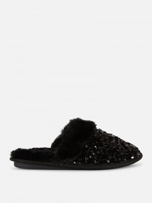 Pantuflas Primark Sequin Faux Fur Mule Mujer Negras | 2914EIVWT