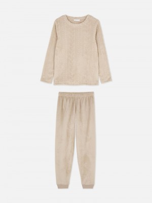 Ropa De Dormir Primark Cable Texture Fleece Pajamas Mujer Beige | 9147EITMA