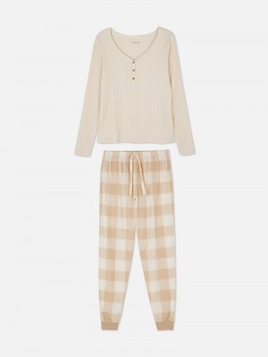 Ropa De Dormir Primark Check Bottom Long Sleeve Pajamas Mujer Beige | 0852KXOST