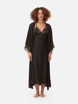 Ropa De Dormir Primark Mesh Trim Satin Robe Mujer Negras | 6280OSTLV