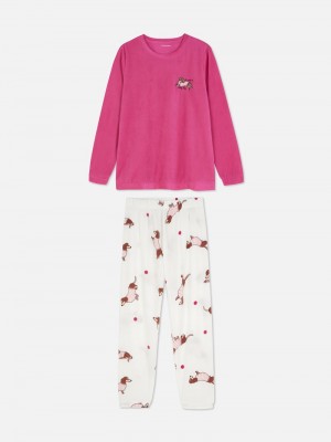 Ropa De Dormir Primark Printed Fleece Pajama Set Mujer Rosas | 9387HLUPK