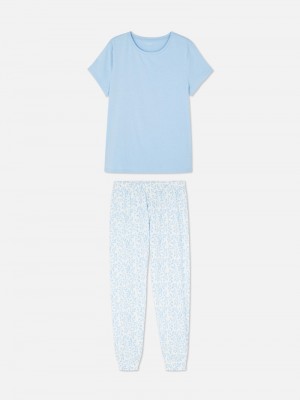 Ropa De Dormir Primark Printed Sleeve Pajamas Mujer Azules Claro | 5893VLHSN