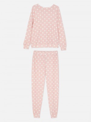 Ropa De Dormir Primark Soft Touch Polka Dot Long Sleeve Pajamas Mujer Rosas | 7053VRBAU