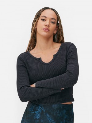 Tops Primark Acanalado Notch Neck Long Sleeve Mujer Gris | 6290XNLDJ