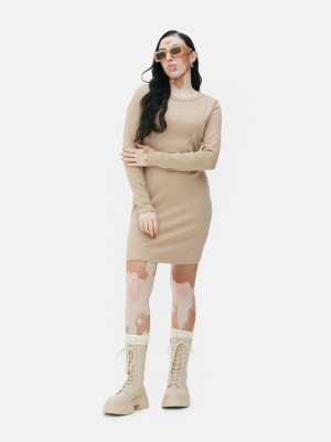 Vestido Primark Acanalado Long Sleeve Mini Mujer Beige | 5238BYLVD