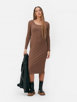 Vestido Primark Long Sleeve Acanalado Midi Mujer Marrones | 1759LEIXB