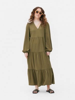 Vestido Primark VNeck Tiered Maxi Mujer Verde Oliva | 3916CYUEN