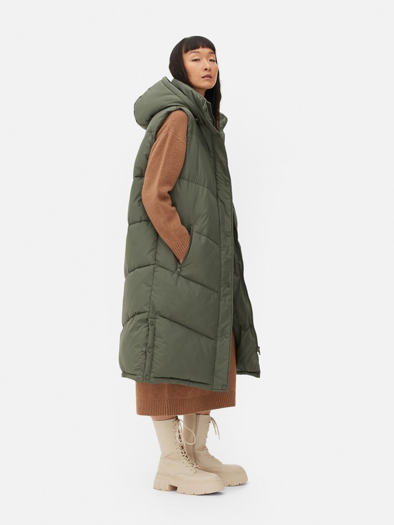 Abrigos Primark Extra Long Acolchado Encapuchado Vest Mujer Verde Oliva | 0293URYBF