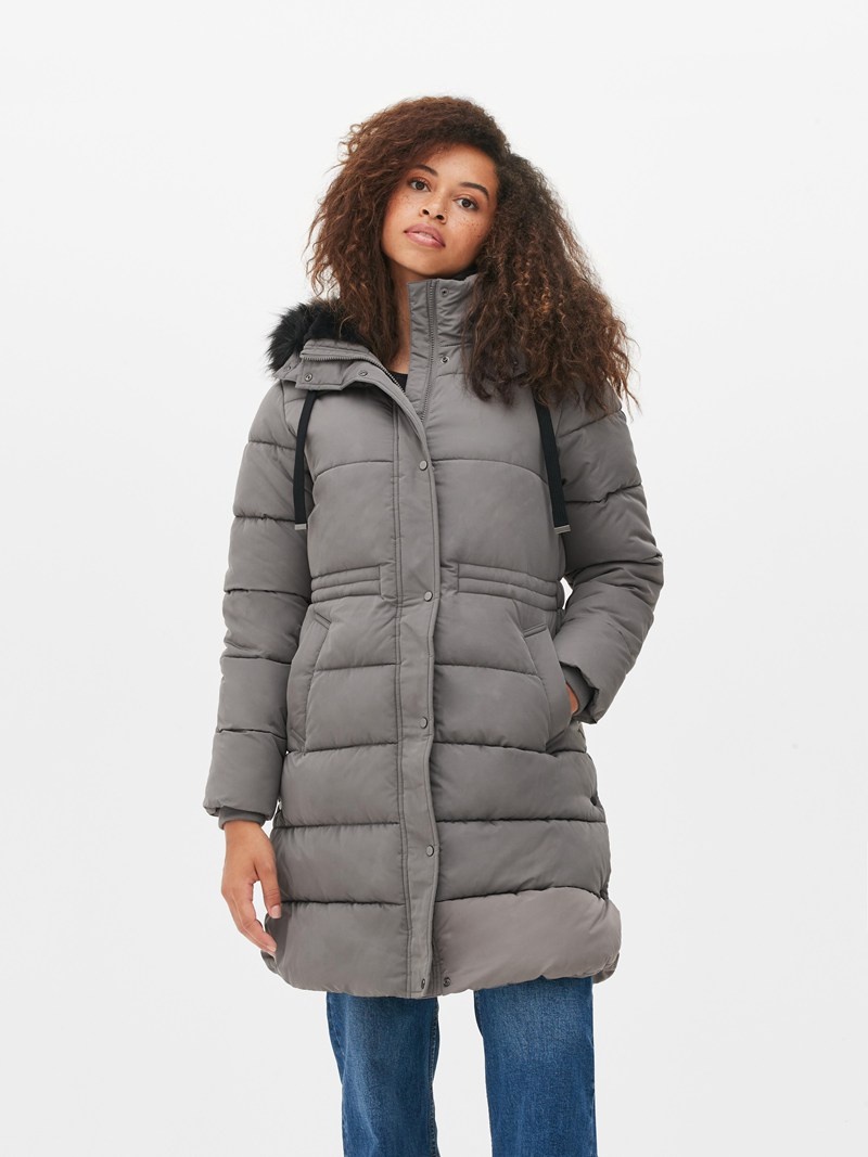 Abrigos Primark Faux Fur Encapuchado Acolchado Jacket Mujer Gris | 3862SDUOJ