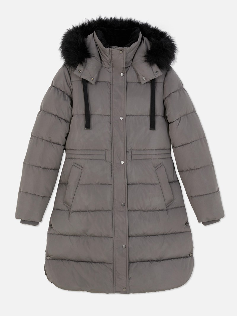 Abrigos Primark Faux Fur Encapuchado Acolchado Jacket Mujer Gris | 3862SDUOJ