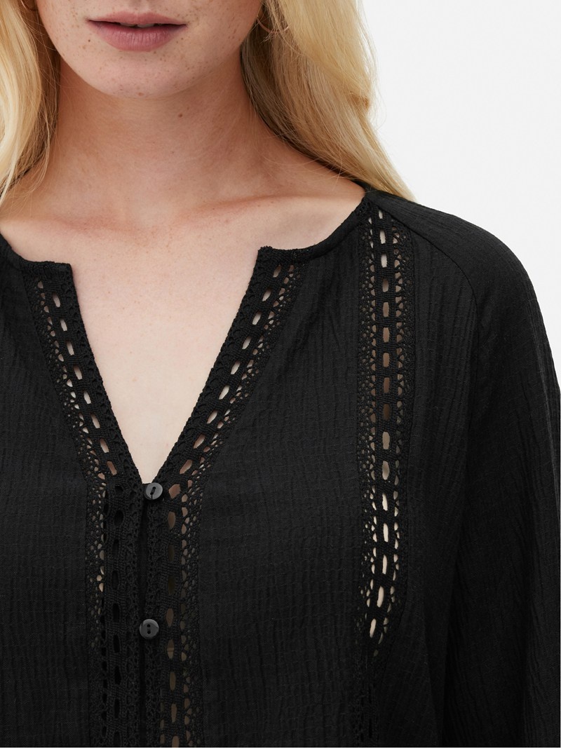 Camisas Primark VNeck Crochet Tunic Mujer Negras | 0869FCALH