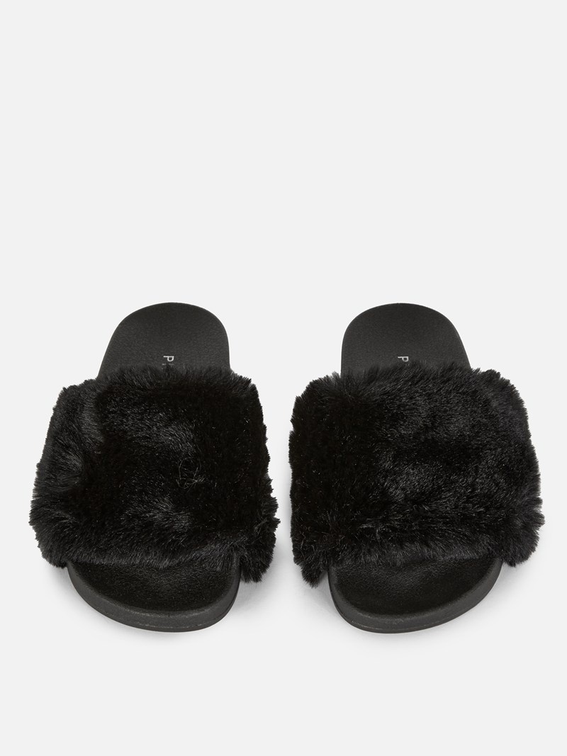 Chanclas Primark Faux Fur Mujer Negras | 0879NTPHK