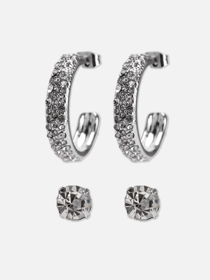 Joyería Primark 2Pack Rhinestone Stud Earrings Mujer Gris | 6912RYUXO