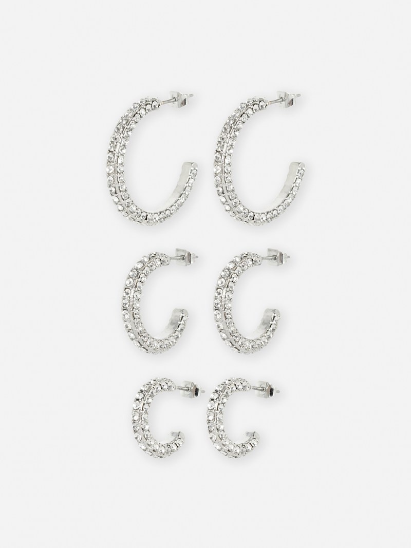 Joyería Primark 3Pack Diamante Hoop Earrings Mujer Gris | 0913AITLO