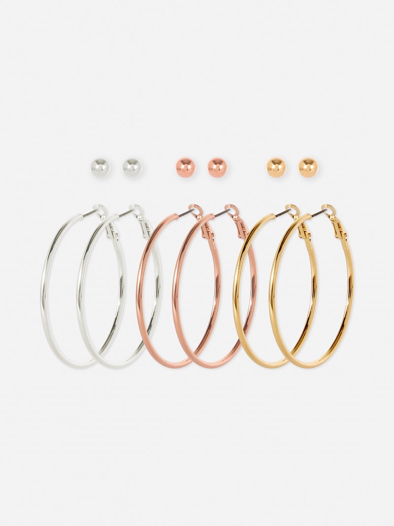 Joyería Primark 6Pack Metallic Stud and Hoop Earrings Mujer Multicolor | 0478VHUZA