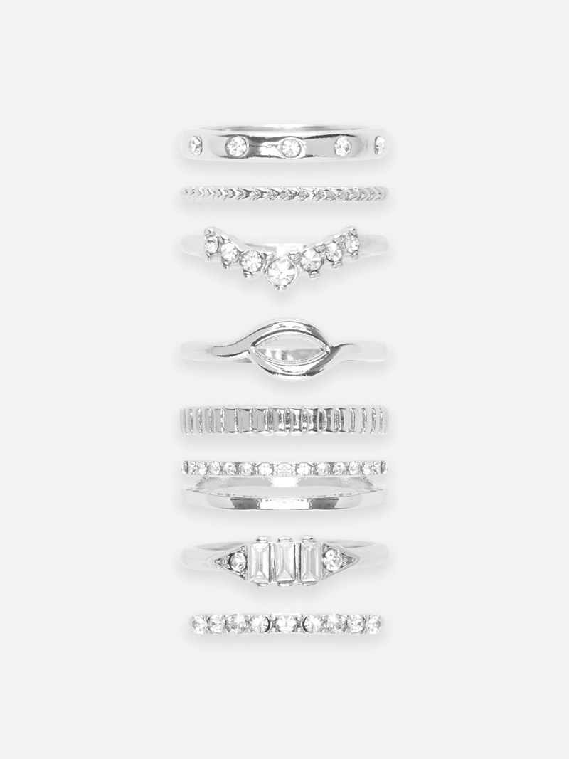 Joyería Primark 8Pack Rhinestone Stacking Rings Mujer Blancas | 3294CHXTA