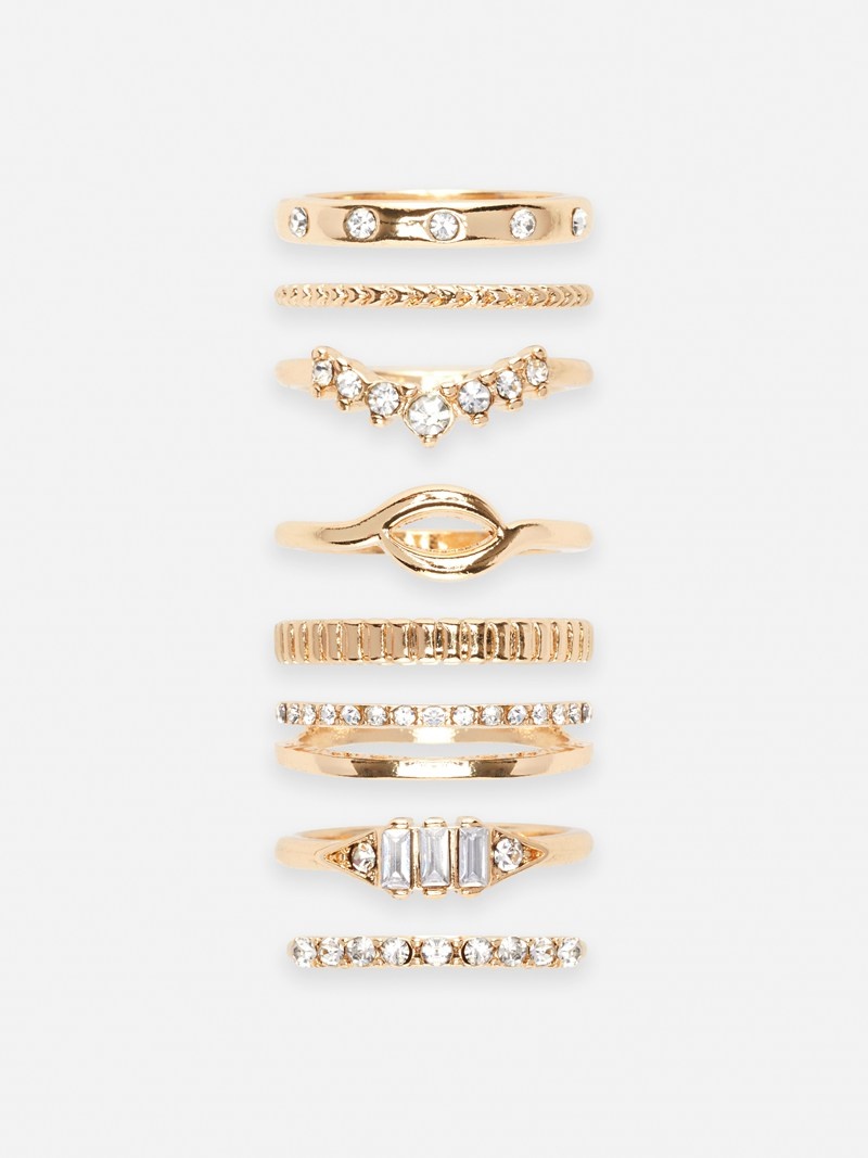 Joyería Primark 8Pack Rhinestone Stacking Rings Mujer Amarillo | 0612DRFHA