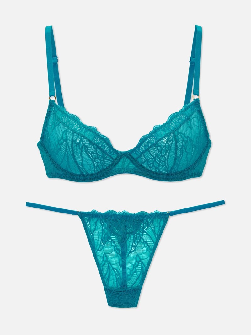 Lencería Primark NonPadded Encaje Bra & Tanga Set Mujer Azules | 0936OJRDA