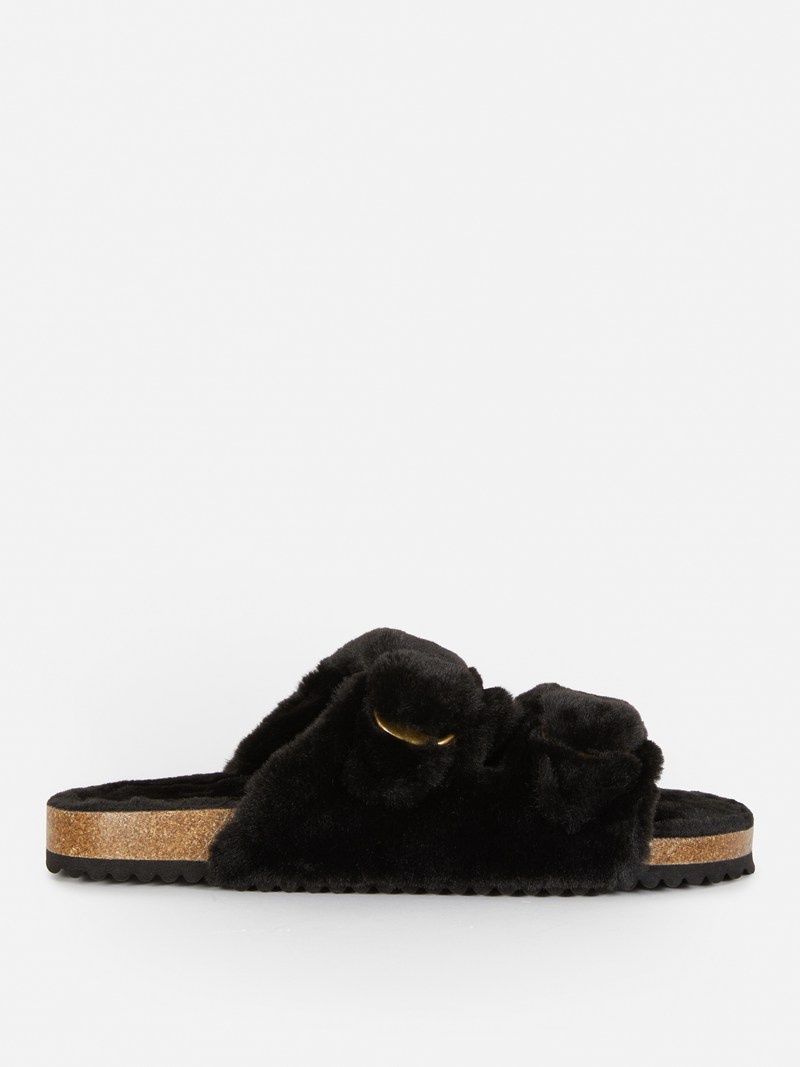 Pantuflas Primark Faux Fur Double Correa Mujer Negras | 9056CMEBK