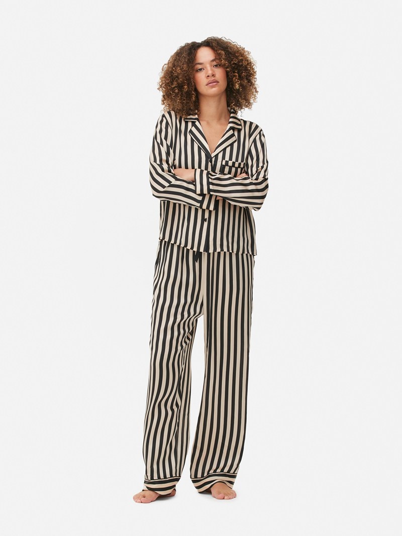 Ropa De Dormir Primark Satin Long Sleeve Pajamas Mujer Negras Blancas | 2875QKRHC