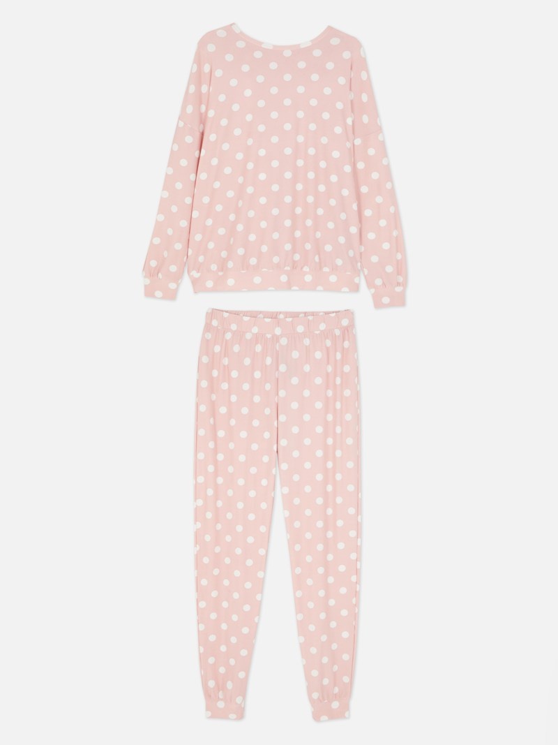 Ropa De Dormir Primark Soft Touch Polka Dot Long Sleeve Pajamas Mujer Rosas | 7053VRBAU