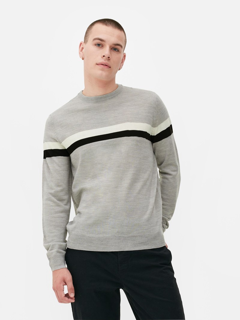 Suéteres Primark A Rayas Crew Neck Hombre Gris | 4650DXAKM