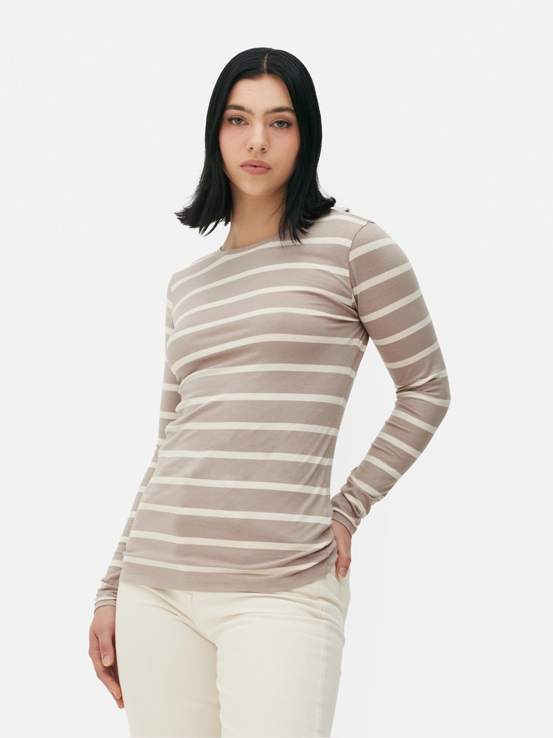 Tops Primark A Rayas Long Sleeve Mujer Beige | 7014MAGBE