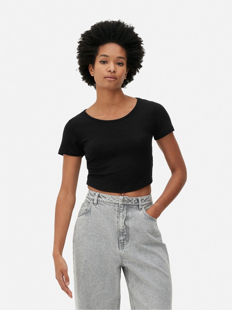 Tops Primark Acanalado Scoop Neck Cropped Mujer Negras | 3507FSHPU