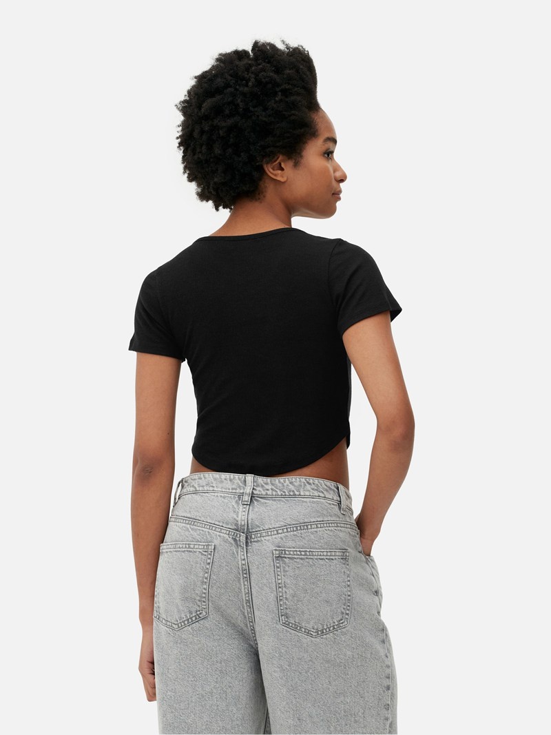 Tops Primark Acanalado Scoop Neck Cropped Mujer Negras | 3507FSHPU