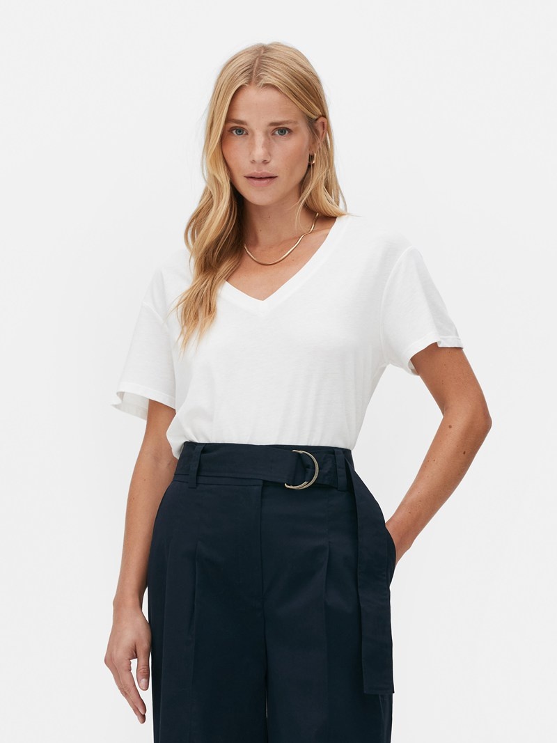 Tops Primark Algodon Blend VNeck Mujer Blancas | 7108BQXOI