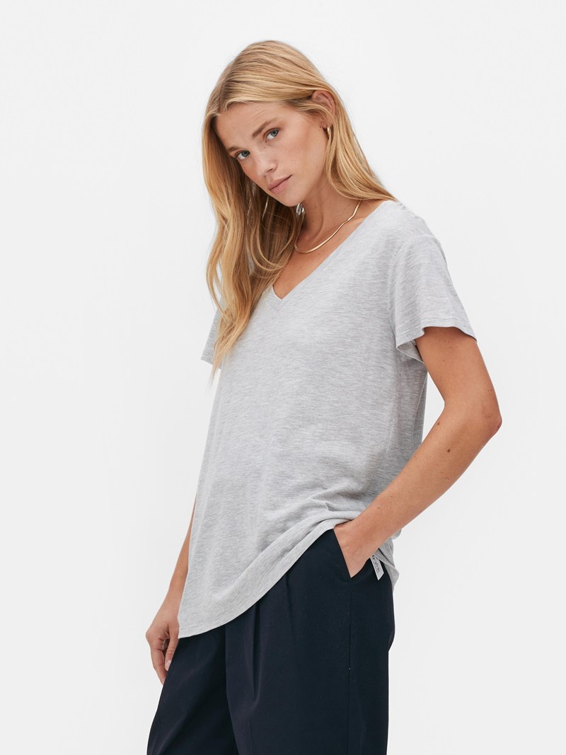 Tops Primark Algodon Blend VNeck Mujer Gris Claro | 0541LZUDT