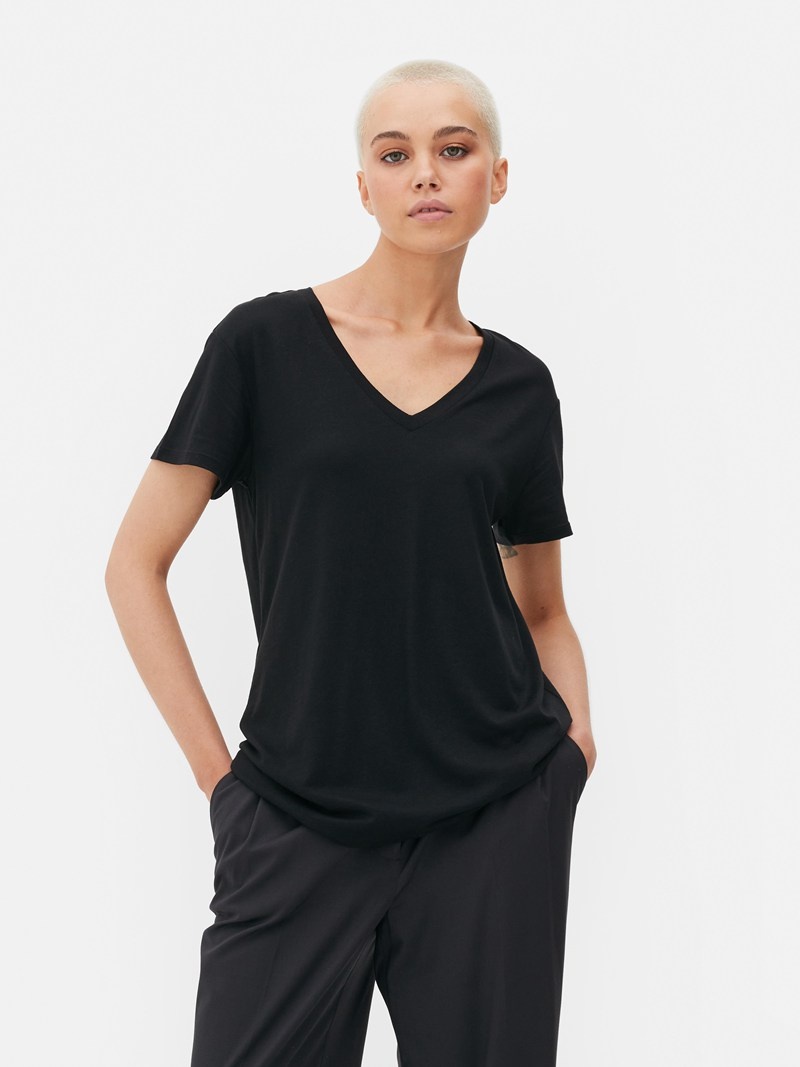 Tops Primark Algodon Blend VNeck Mujer Negras | 9725UKHPF