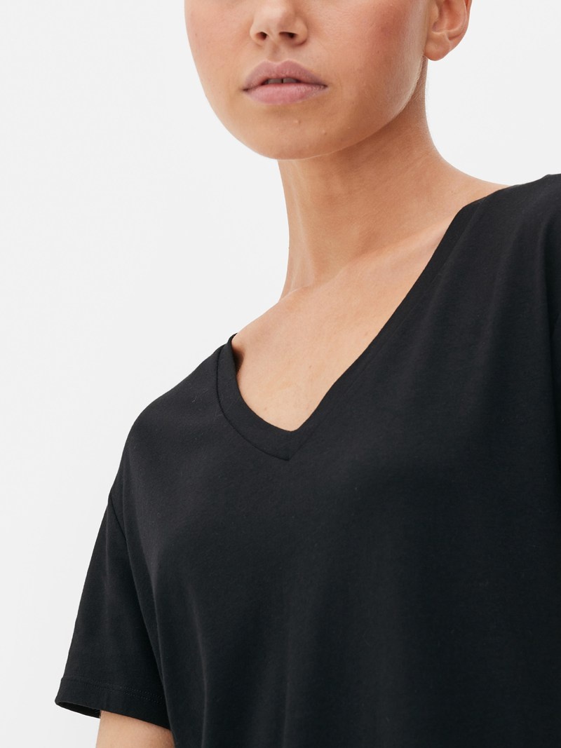 Tops Primark Algodon Blend VNeck Mujer Negras | 9725UKHPF