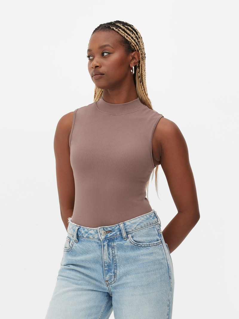 Tops Primark High Neck Narrow Rib Bodysuit Mujer Marrones | 1270CKQJW