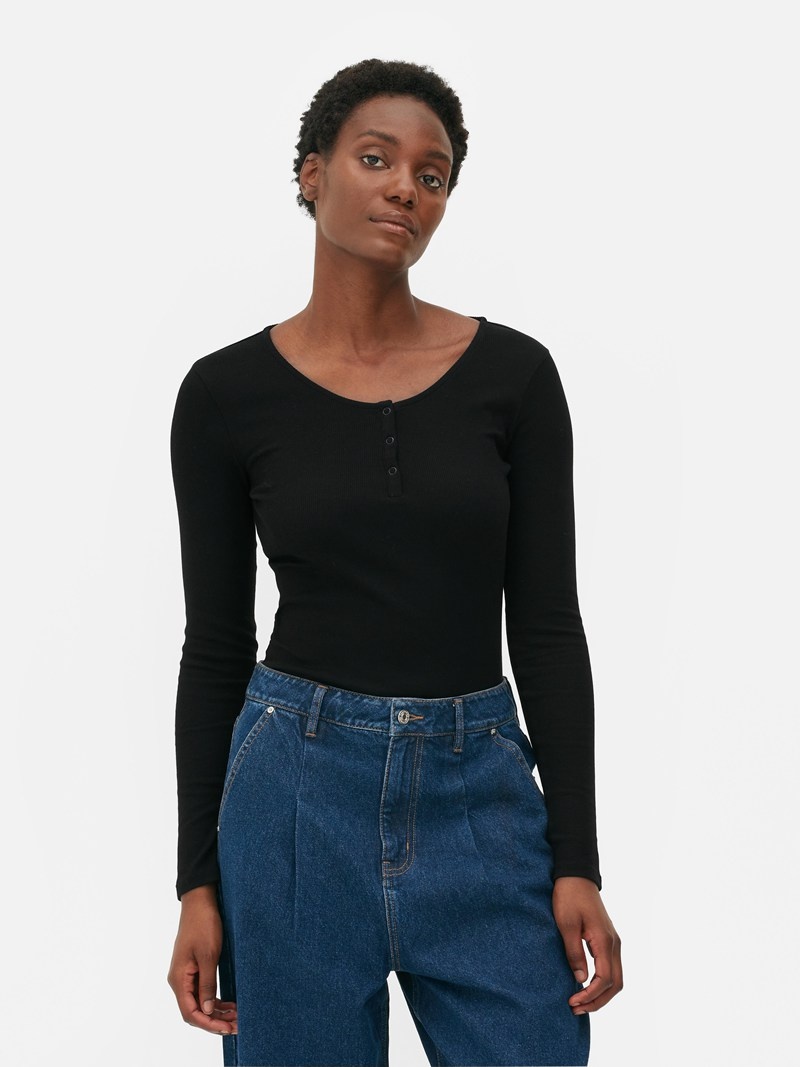 Tops Primark Long Sleeve Popper Bodysuit Mujer Negras | 9704DLAPN