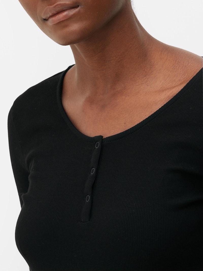 Tops Primark Long Sleeve Popper Bodysuit Mujer Negras | 9704DLAPN