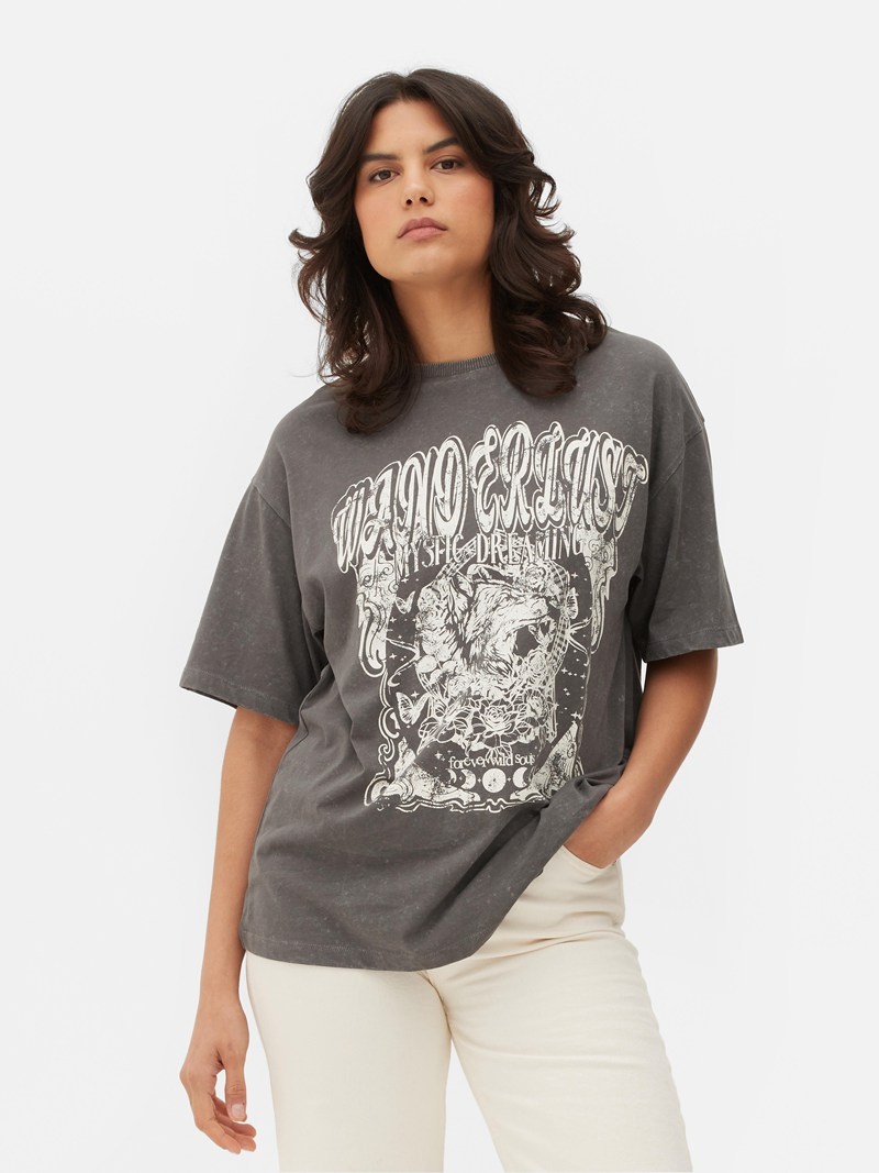 Tops Primark Oversized Printed Mujer Gris | 1845UREJQ