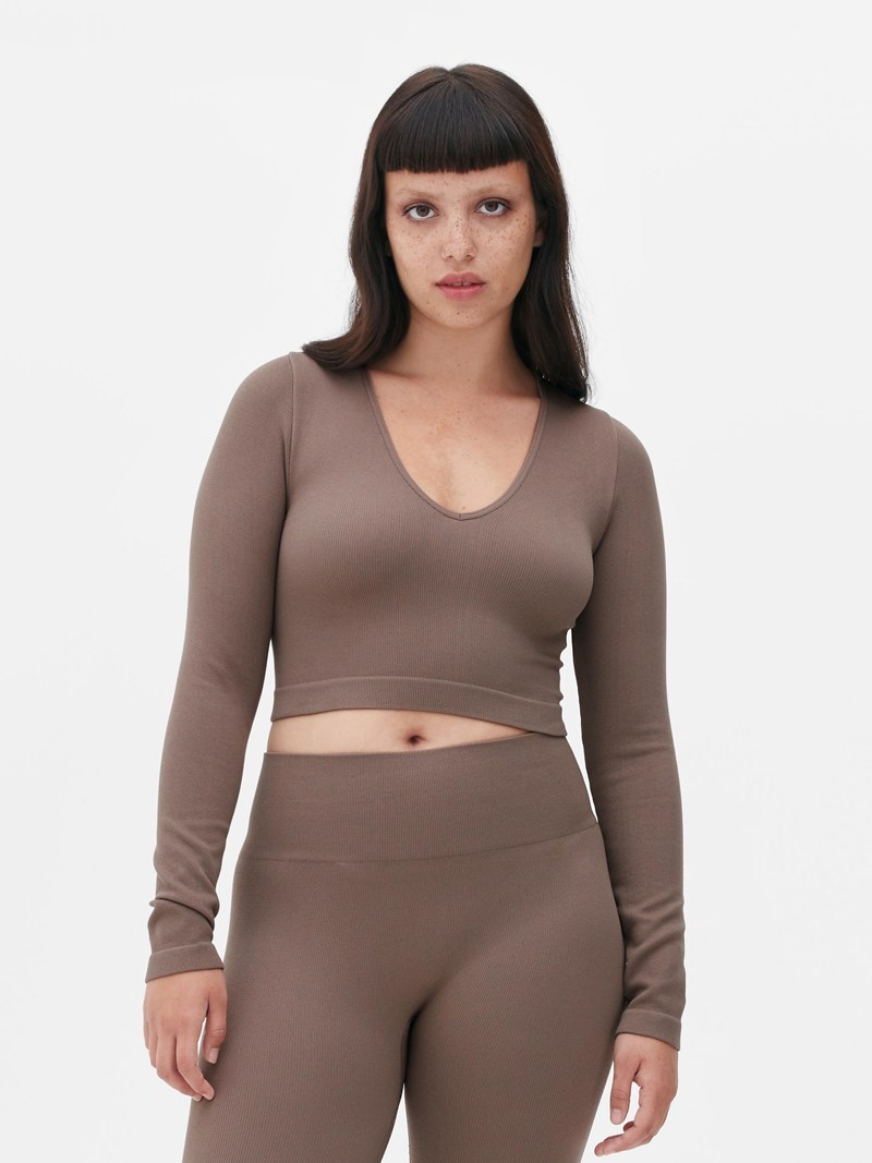 Tops Primark Seamfree Long Sleeve VNeck Crop Mujer Beige | 9530FBDGA