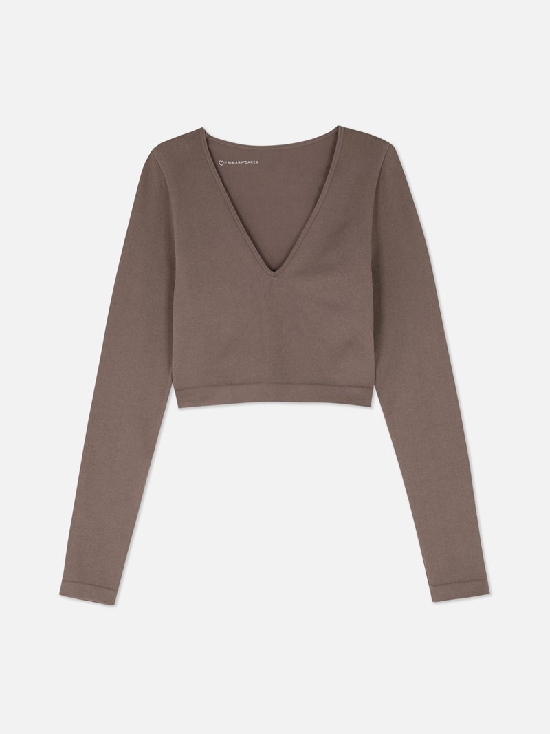 Tops Primark Seamfree Long Sleeve VNeck Crop Mujer Beige | 9530FBDGA