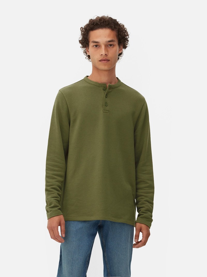 Tops Primark Textured Long Sleeve Henley Hombre Verde Oliva | 6098OZRGS