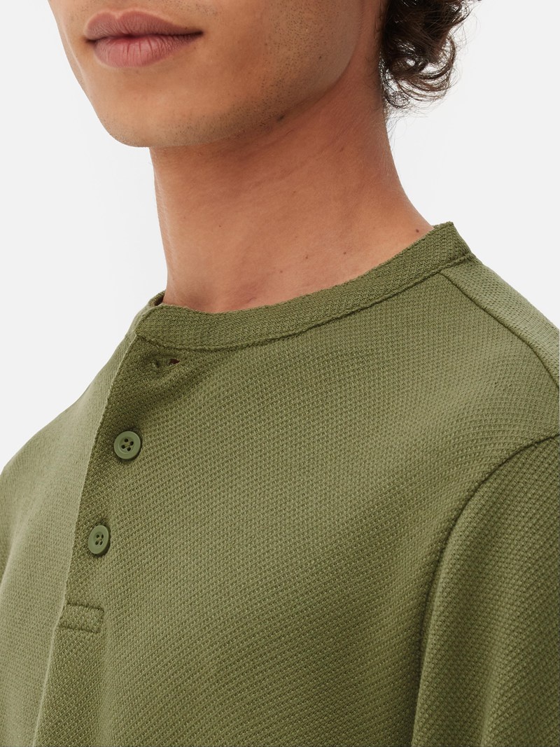 Tops Primark Textured Long Sleeve Henley Hombre Verde Oliva | 6098OZRGS